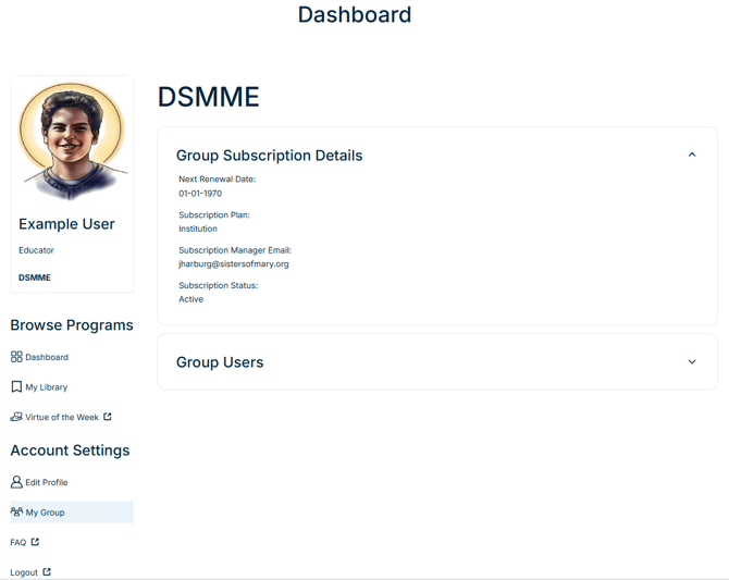 Screenshot of the "My Group" page on the Openlight Media Plus dashboard, where users can view the expiration or renewal date for their Openlight Media Plus subscription, ensuring continued access to Openlight Media Plus content like Education in Virtue, Raised in Grace, and Remain in Me.