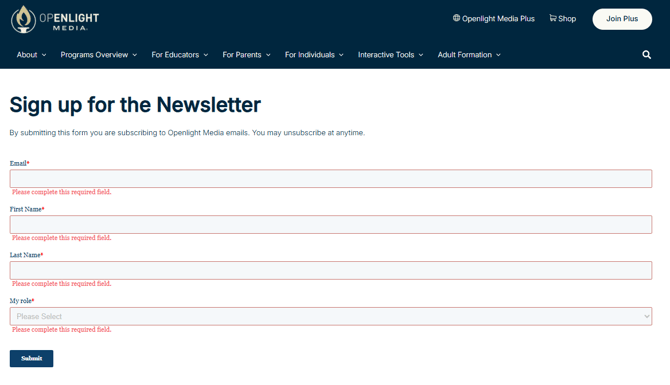 Screenshot of the newsletter signup page, where visitors can get plugged into the world of Openlight Media through periodic marketing emails and a weekly newsletter from Sister John Dominic, O.P. herself.