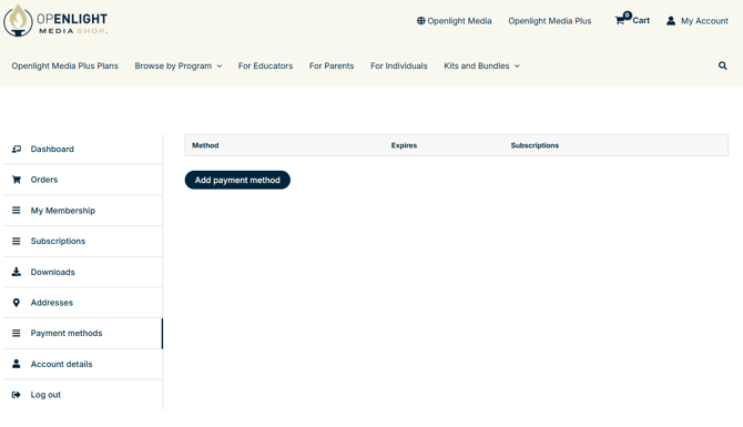 Screenshot of the "Payments" screen within the Openlight Media Shop, which offers customers control over their payment methods that can be used to purchase physical products or subscribe to Openlight Media Plus, the online streaming platform which includes access to all Openlight Media series and programs.