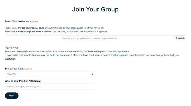 A screenshot of the "Join My Group" page for Openlight Media Plus, offering group access for parishes, schools, or other organizations.