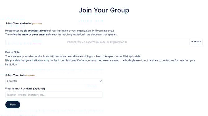 A screenshot of the "Join My Group" page for Openlight Media Plus, offering group access for parishes, schools, or other organizations.
